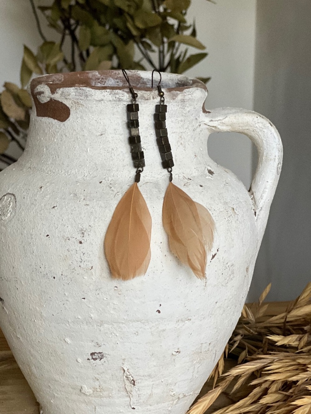 Pink Feather Drop Earrings